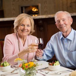 An elderly couple smiling and toasting with wine at a restaurant table.