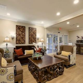 A cozy and elegant living room with stylish furniture and warm lighting.