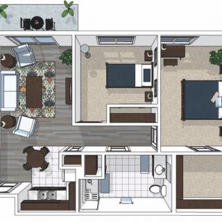 This image displays a floor plan of an apartment featuring multiple rooms including a living room, bedrooms, a kitchen, and a bathroom.