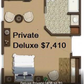 Floor plan of a Private Deluxe room priced at $7,410.