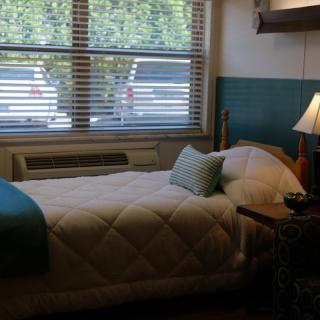 A cozy bedroom with a single bed, bedside lamp, and a window with blinds.