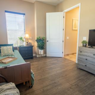 A cozy bedroom with modern furniture, including a bed, dresser, and TV. Natural light filters through the window, highlighting the room's warm tones and decorative plants.
