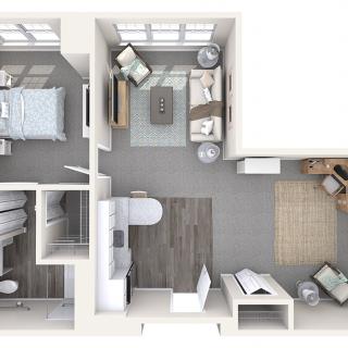 A detailed floor plan of a small apartment featuring a bedroom, bathroom, living room, and kitchen area.