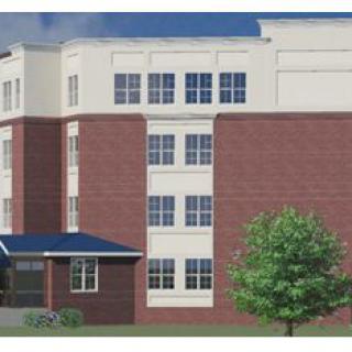 A digital rendering of a multi-story brick building with large windows and an entrance canopy.