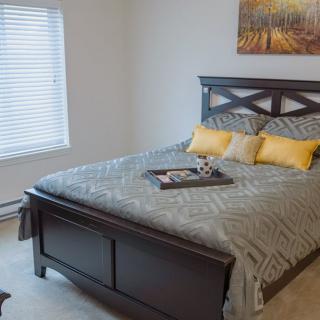 A cozy bedroom with a neatly made bed and decorative pillows.