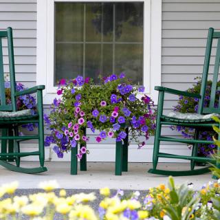 A cozy front porch with green rocking chairs and vibrant purple flowers in bloom.