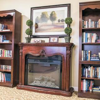 A cozy living room featuring a wooden fireplace flanked by two bookshelves filled with books and topped with elegant topiary decor.