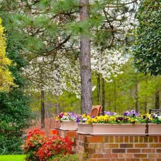 A serene garden scene with colorful flowers atop a brick wall, surrounded by lush trees.