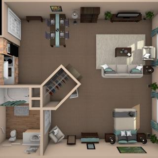 A top-down view of a modern apartment floor plan with designated spaces for living, dining, and kitchen areas.