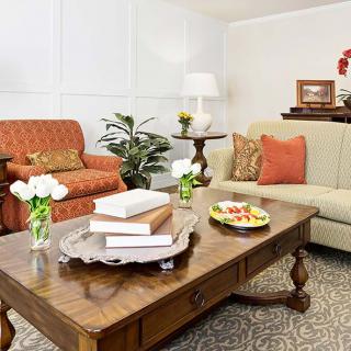 A cozy living room featuring a comfortable sofa and armchair, elegantly arranged with decorative pillows and a wooden coffee table adorned with books and vases.