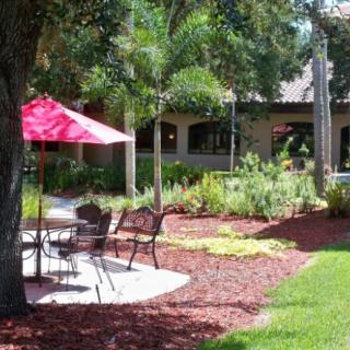 A peaceful garden patio with chairs and a red umbrella, surrounded by lush greenery.