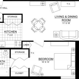 Apartment floor plan showing layout of living room, kitchen, bedroom, and bathroom.
