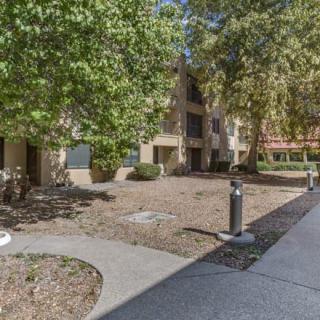 An outdoor view of an apartment building surrounded by trees and a pathway.
