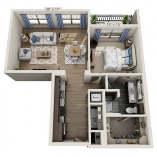 A 3D rendering of a one-bedroom apartment floor plan showcasing the living room, kitchen, bedroom, and bathroom.