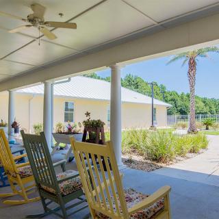 A sunny patio with rocking chairs overlooking a garden and palm tree.