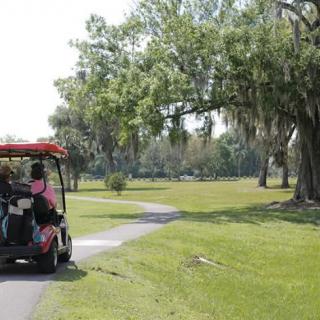 A golf cart driving along a scenic pathway surrounded by lush greenery and trees.