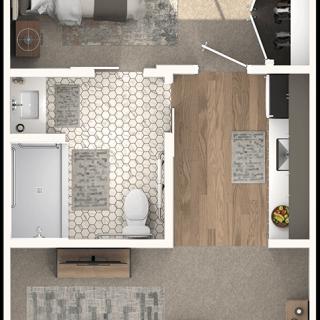 A detailed floor plan showing a bathroom alongside a living area.