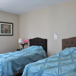 A bedroom featuring two twin beds with blue bedding, a painting on the wall, and a small lamp on a bedside table.
