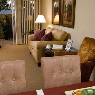A cozy living room with a sofa, coffee table, and decorative elements.