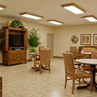 A well-lit dining area with wooden furniture, a television stand, and decorative plants.
