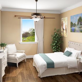 A modern and inviting bedroom featuring a cozy bed, elegant furnishings, and a bright window view.