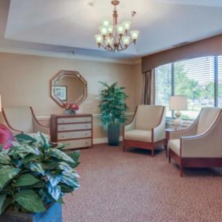 A cozy waiting room with comfortable chairs, plants, and a chandelier.