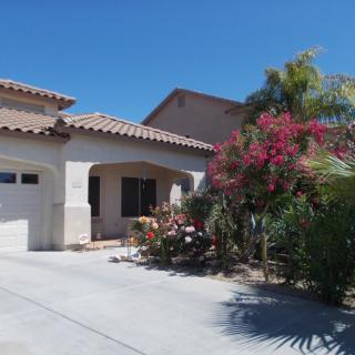 A sunny view of a residential house with palm trees and colorful landscaping.