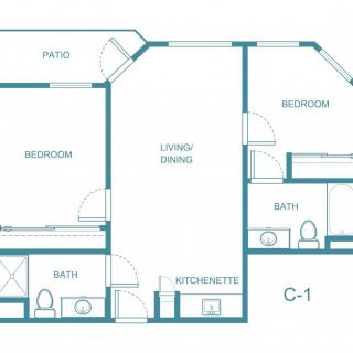 A floor plan of a two-bedroom apartment with living/dining area, kitchenette, two baths, and a patio.