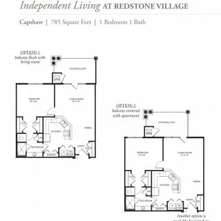 Floor plans for a one-bedroom, one-bathroom apartment at Redstone Village.