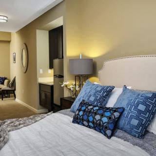 A modern bedroom with stylish decor, featuring a comfortable bed with blue pillows and a nearby lamp.
