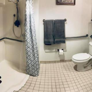 An accessible bathroom with a shower, toilet, and handrails.