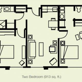 A floor plan of a two-bedroom apartment measuring 913 square feet.
