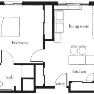 A floor plan depicting a one-bedroom apartment with a living room, kitchen, entryway, and bathroom.