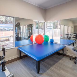 A physical therapy room with exercise balls and mirrors.
