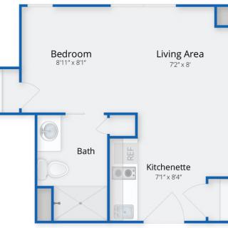 A simple one-bedroom apartment floor plan with a living area, kitchenette, and bathroom.