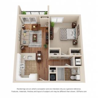 A 3D floor plan of a one-bedroom apartment featuring a living room, kitchen, dining area, bathroom, and balcony.