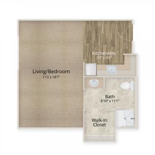 Studio apartment floor plan with living area, bathroom, kitchen, and walk-in closet.