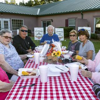 A group of adults enjoying a picnic together at an outdoor table with food and drinks.