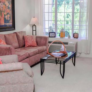A cozy living room with a pink sofa, glass coffee table, and large window letting in natural light.