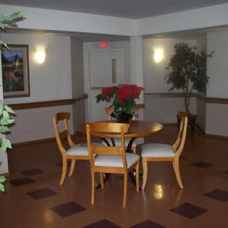 A cozy indoor seating area with a round table, chairs, and decorative plants.