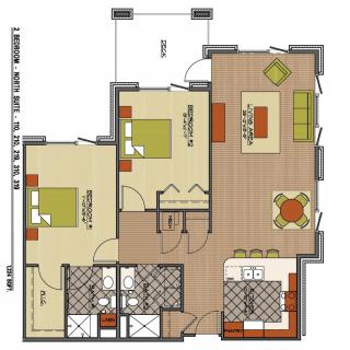 Floor plan of a two-bedroom apartment with a living room, kitchen, and bathrooms.