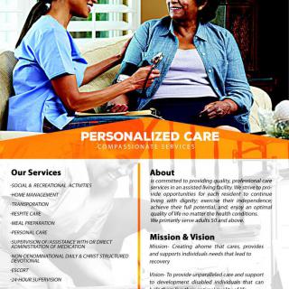 A brochure highlighting personalized healthcare services, featuring a caregiver attending to an elderly patient.