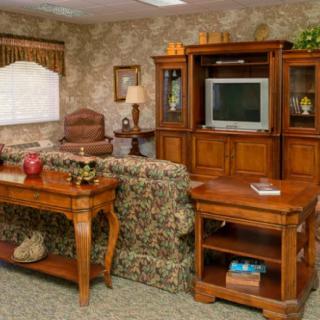 A vintage-style living room with wooden furniture and a floral sofa.