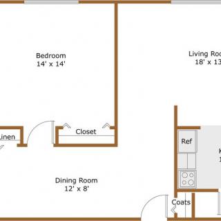 A floor plan layout featuring a bedroom, living room, dining room, and kitchen.