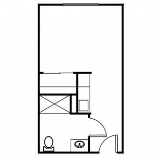 Minimalist floor plan of a compact studio apartment with a simple layout.