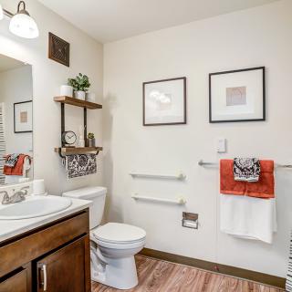 A modern bathroom with a sink, toilet, and decorative elements.