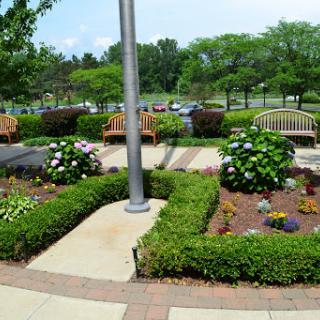 A beautifully landscaped park featuring vibrant flowers and comfortable benches for relaxation.