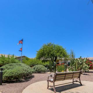 A serene park setting with a bench, trees, and flags on a sunny day.