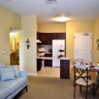 A cozy apartment interior with a living room and kitchen area.
