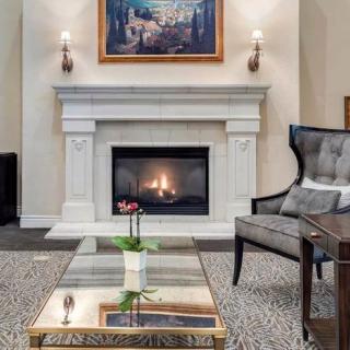 A cozy living room featuring a lit fireplace, elegant armchair, and a stylish coffee table adorned with a small plant.